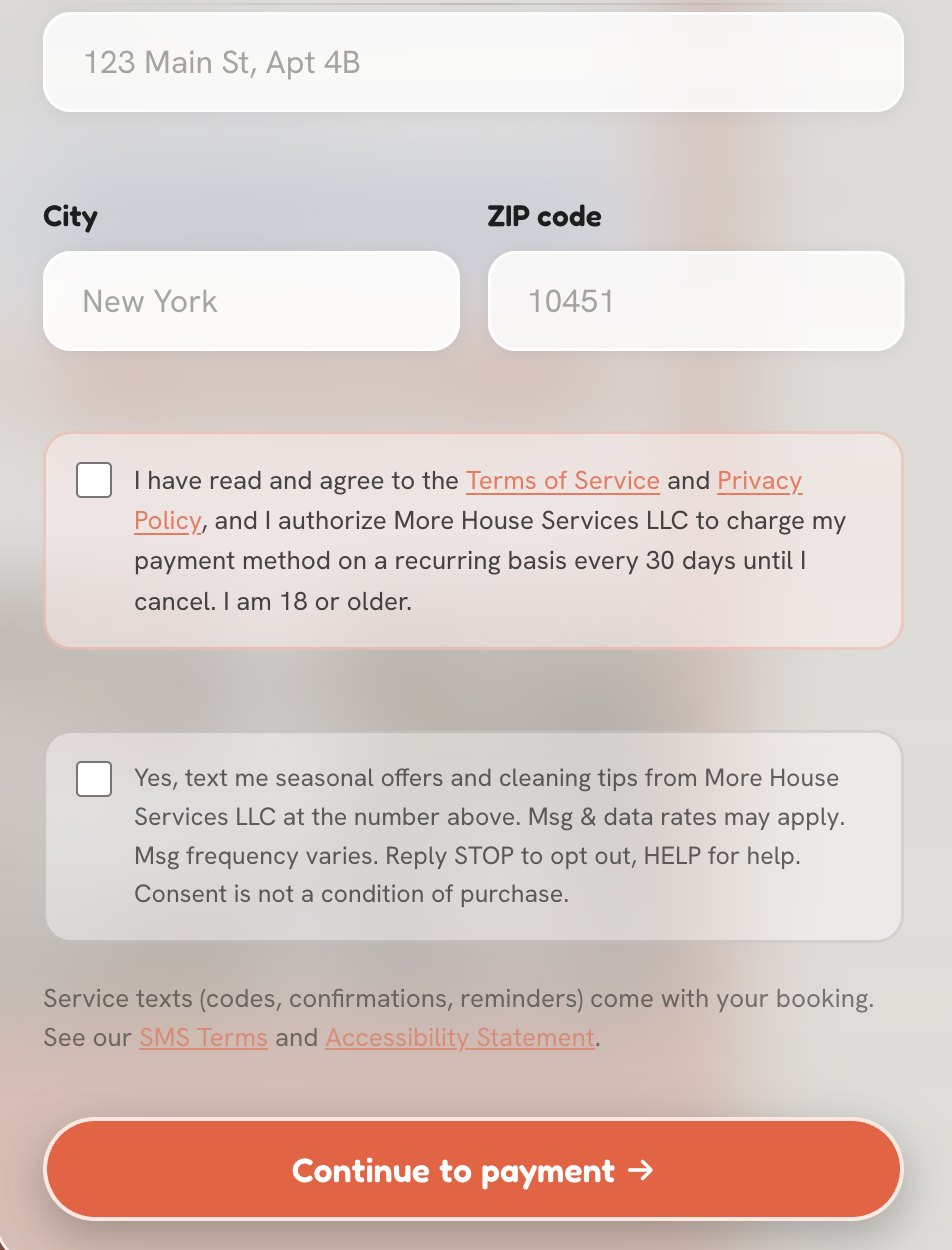 The same form further down, showing the required Terms of Service and Privacy Policy checkbox and, separately below it, the optional promotional text checkbox. Both are empty.
