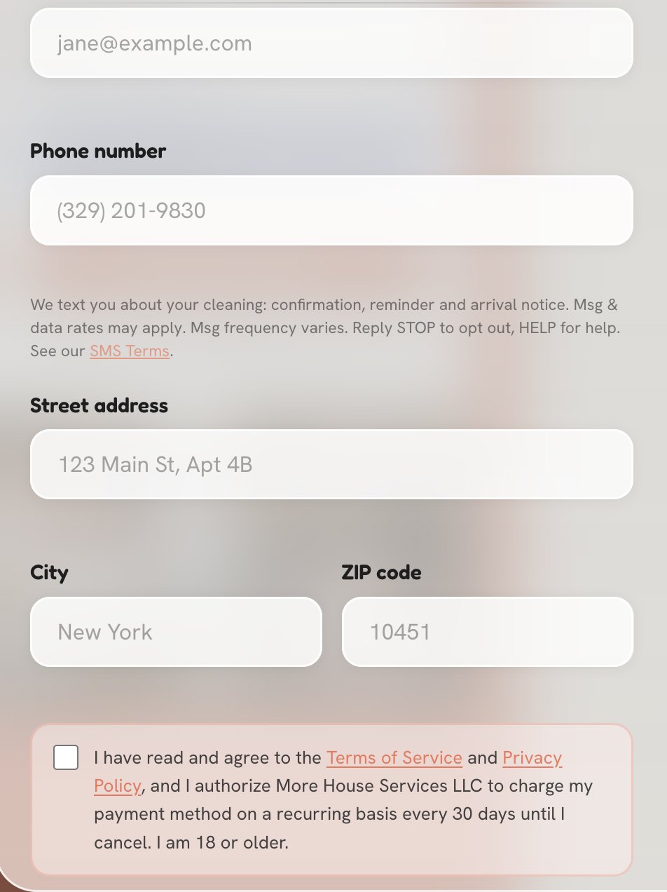 The residential plan form on morehousellcny.com, showing the phone number field and, right under it, the notice that says we text about the cleaning, that message and data rates may apply, that message frequency varies, and to reply STOP to opt out and HELP for help.