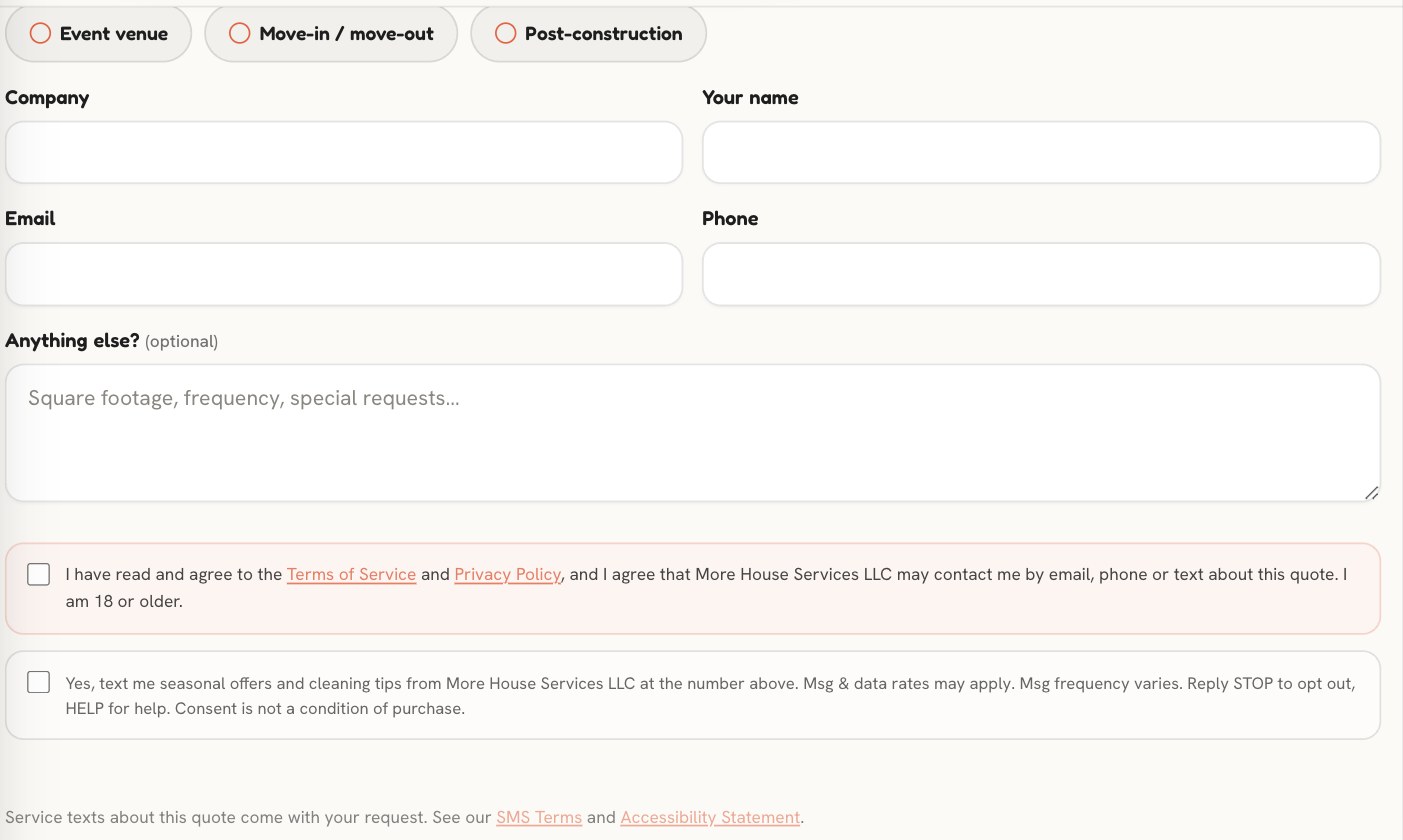 The commercial quote form on morehousellcny.com, showing the phone field, the required Terms of Service and Privacy Policy checkbox and the separate optional promotional text checkbox, both unchecked.